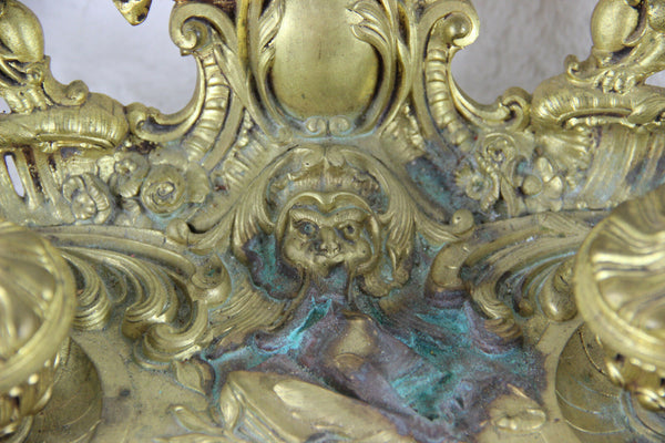 LARGE Antique French Castle gothic Dragon devil putti Bronze inkwell top piece