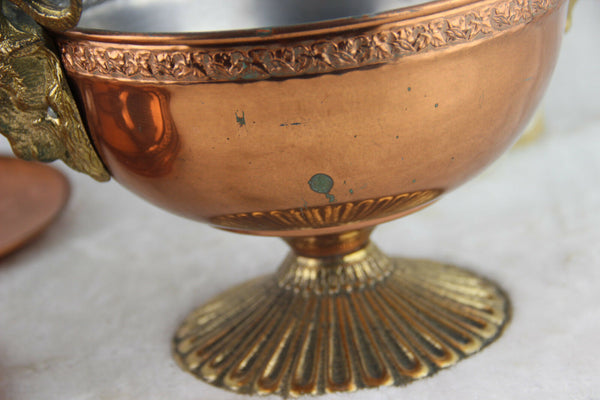 Gorgeous French copper soup tureen bowl coupe on plate ram heads brass RARE