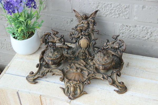 Antique Large French bronze Inkwell art nouveau Satyr devil head gothic dragon