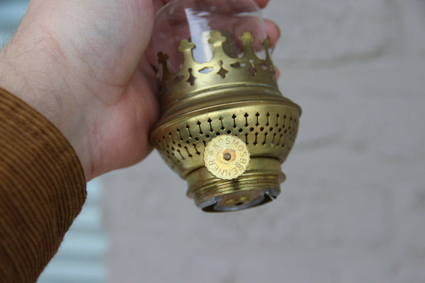 Rare Antique bronze French Church altar PAIR oil Lamps enamel decor religious