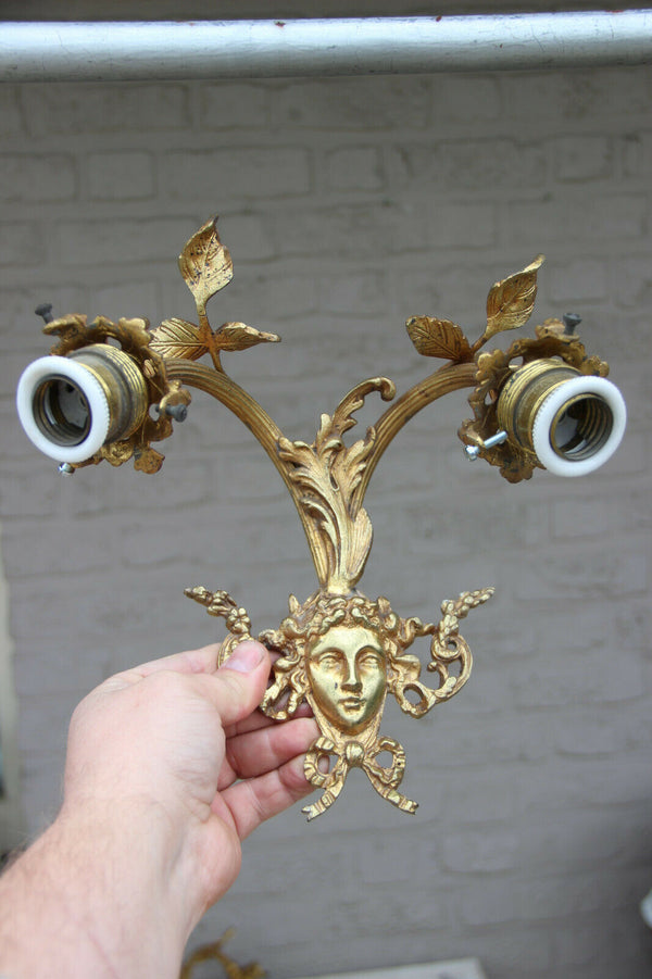 PAIR vintage French brass Caryatid Medusa portrait head wall lights sconces