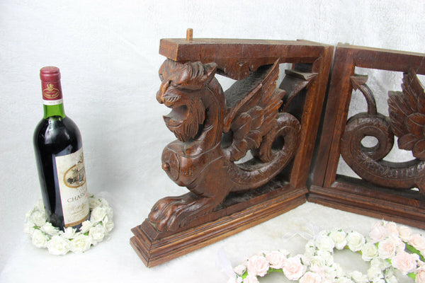 PAIR large gothic dragon Griffin wood carved statue figurines hunting cabinet