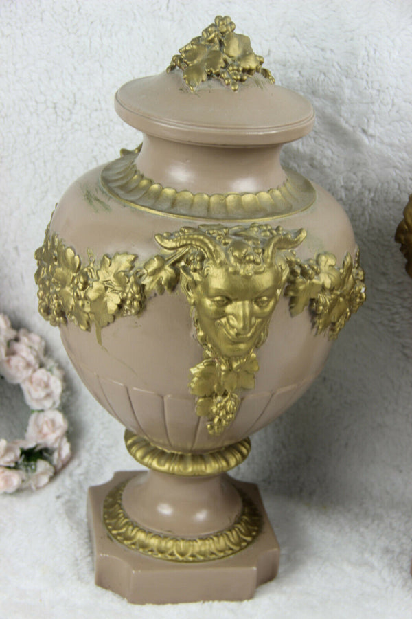 PAIR antique art deco 1920 Chalkware satyr heads Cassolette Vases urns