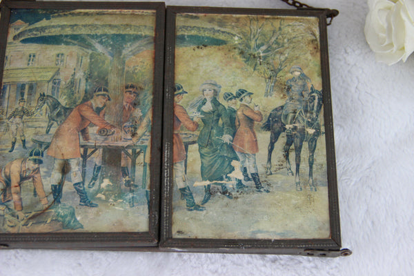 Antique French 1900 Barber mirror tryptich open/fold system chromos hunt dogs