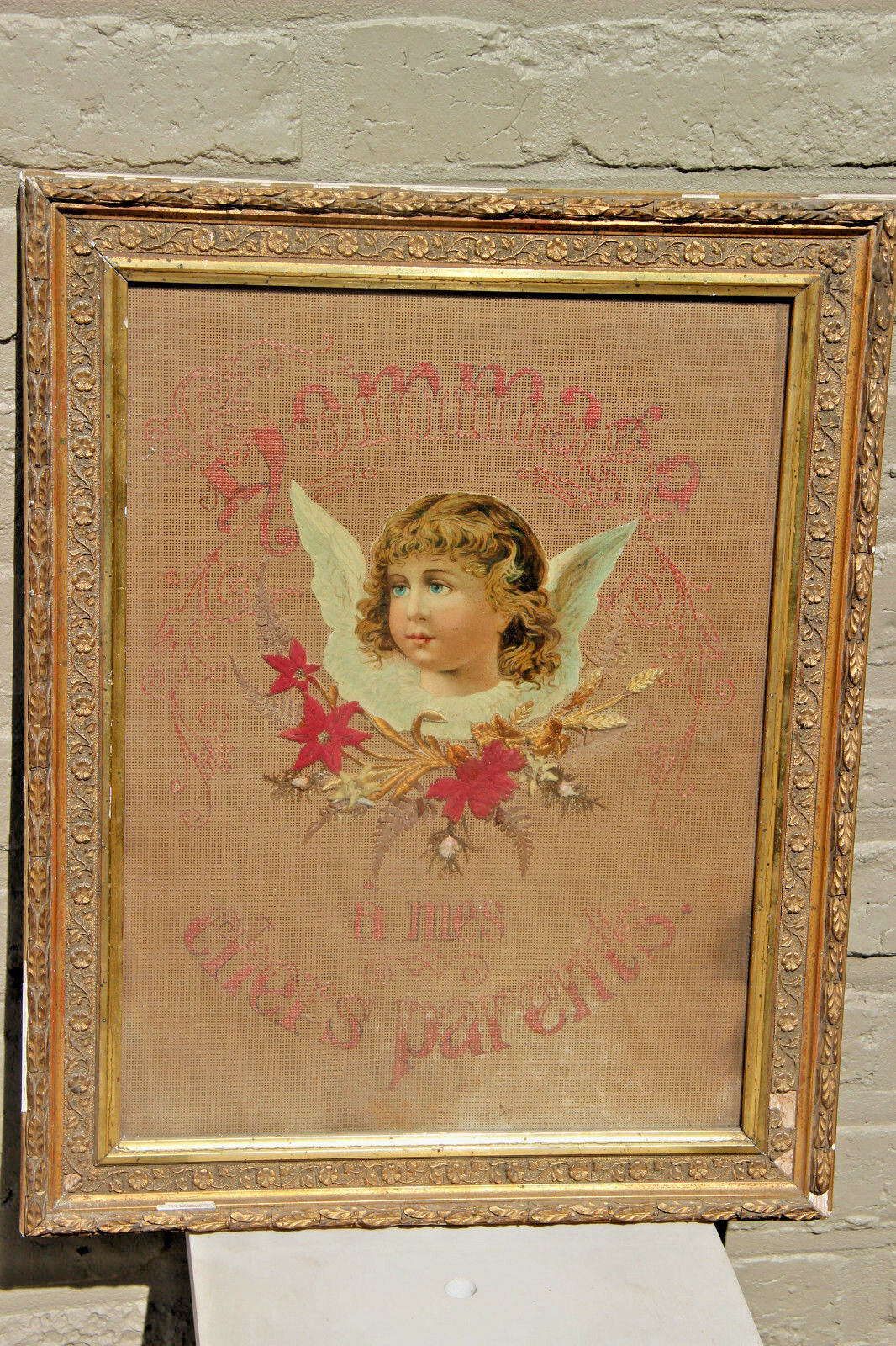 Antique Communion gift French embroidery framed Angel putti religious