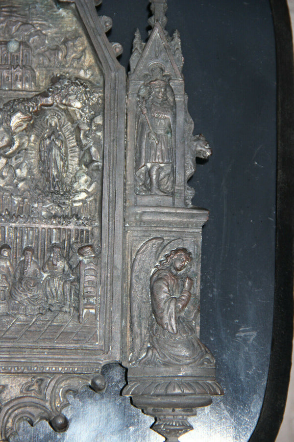 Large Antique neo gothic religious holy water font saints madonna on wood plaque