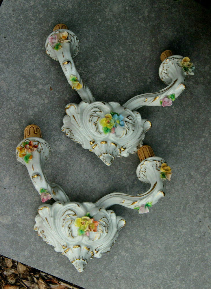 PAIR CAPODIMONTE porcelain majolica flowers sconces wall lights
