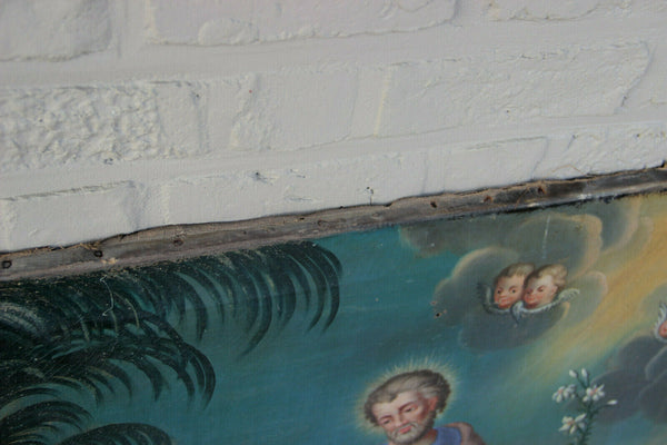 Antique Religious oil canvas painting jesus child joseph angels putti