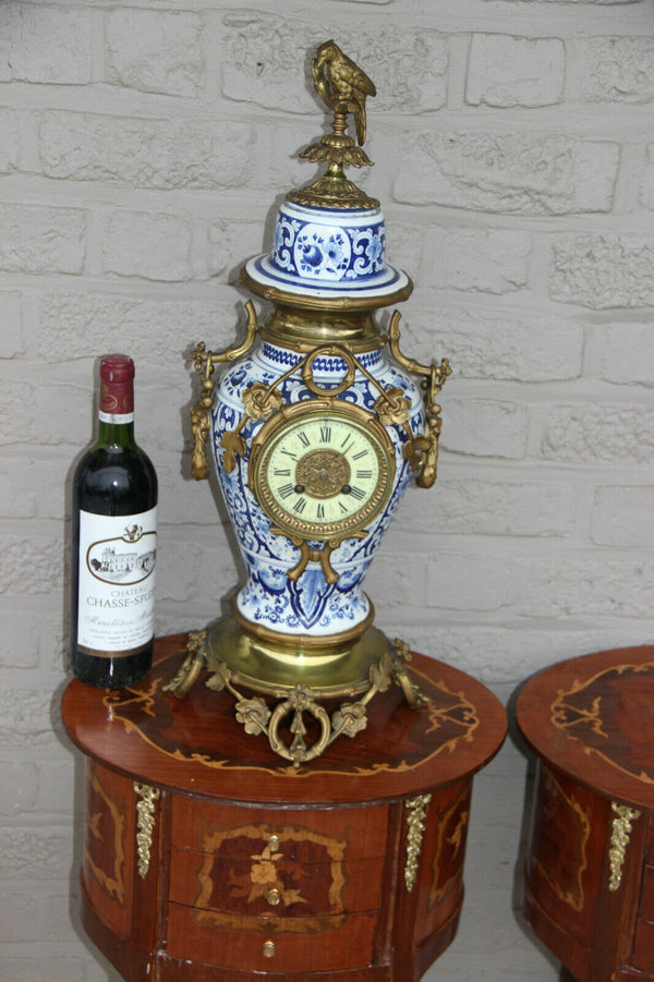 Huge Delft blue white pottery bird clock ram heads bronze ornaments rare