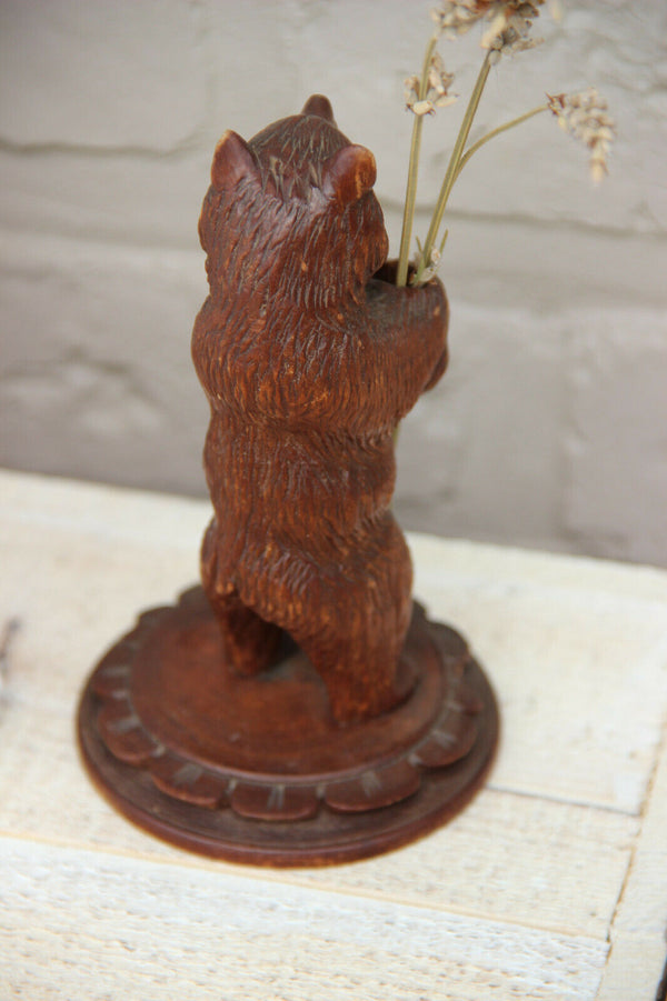 Antique hand Black forest wood carved swiss bear statue pique fleur