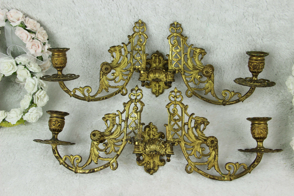 PAIR antique Gothic Dragon chimaera figurine piano sconces wall candle holders