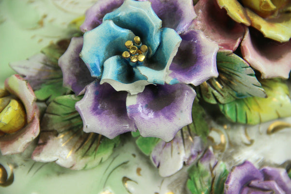 Huge italian Majolica centerpiece lidded bowl relief flowers