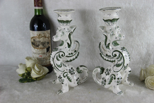 PAIR antique french faience Dragon lions gothic Candleholder / lamp griffin