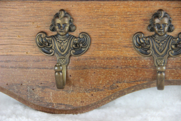 Antique Flemish wood oak carved coat rack wall putti heads 1930