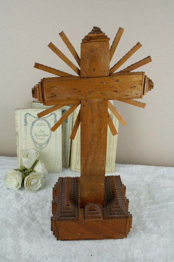 French antique crucifix wood tramp art 1945 hand made cross christ religious