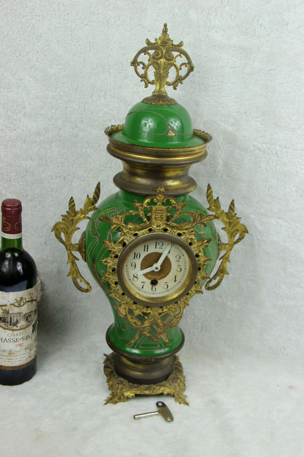 French antique Faience porcelain Green art nouveau clock