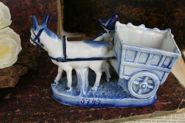 Cute Dutch blue white porcelain delft farming lady horse marked 1960