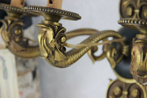 LArge  Antique french Empire Fish dolphin 3 arms wall light sconce 1930