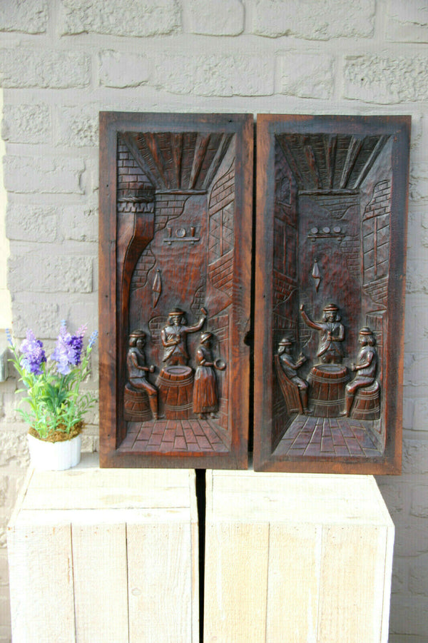 Antique French pair breton wood carved cabinet panels