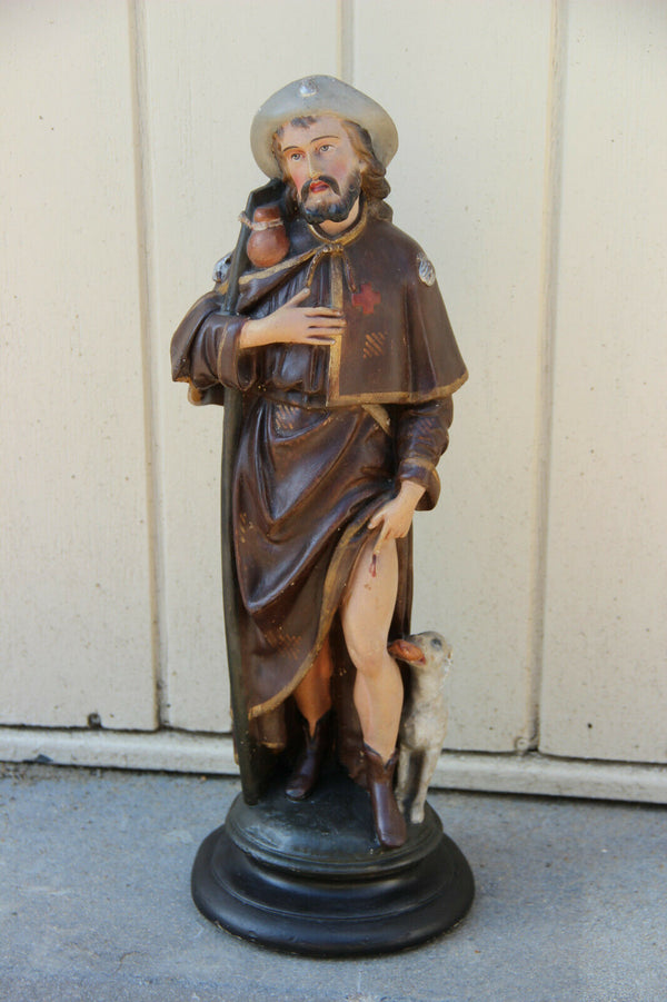 RARE antique Religious SAINT ROCH dog Statue Church Plaster polychrome  1930