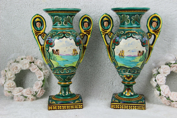 Antique pair French Barbotine majolica queen elizabeth mythological dragon vases