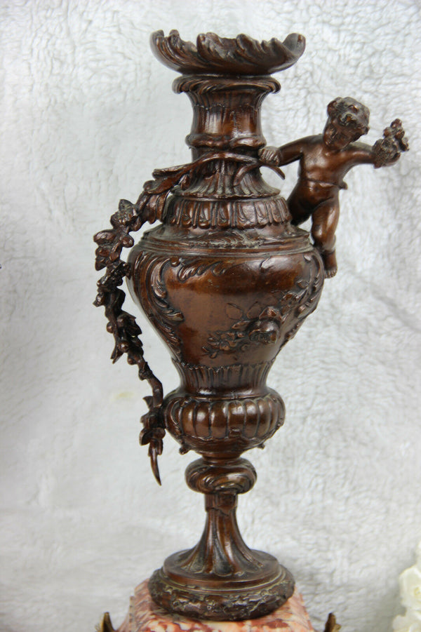 PAIR Spelter bronze marble Putti cherub urns vases french antique