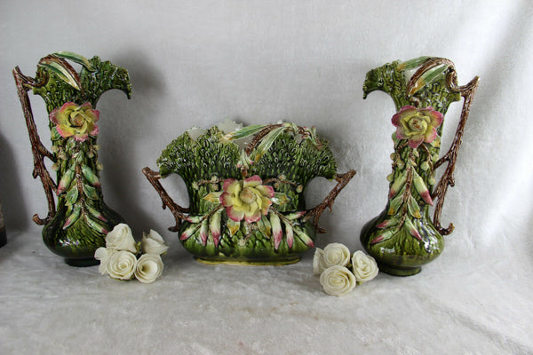 Huge Antique 1900 art nouveau barbotine MAjolica Vases planter set relief floral