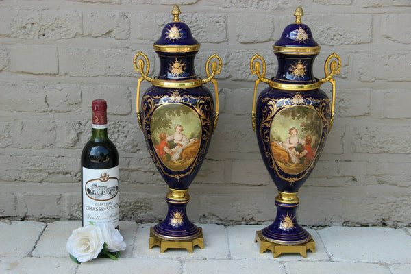 PAIR French Sevres Limoges cobalt blue romantic Scene Vases