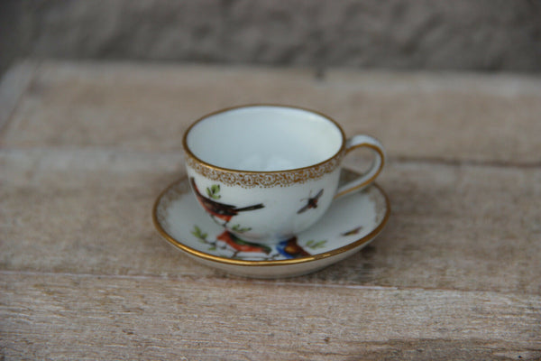 German mini blue crossed marked porcelain birds cup plate