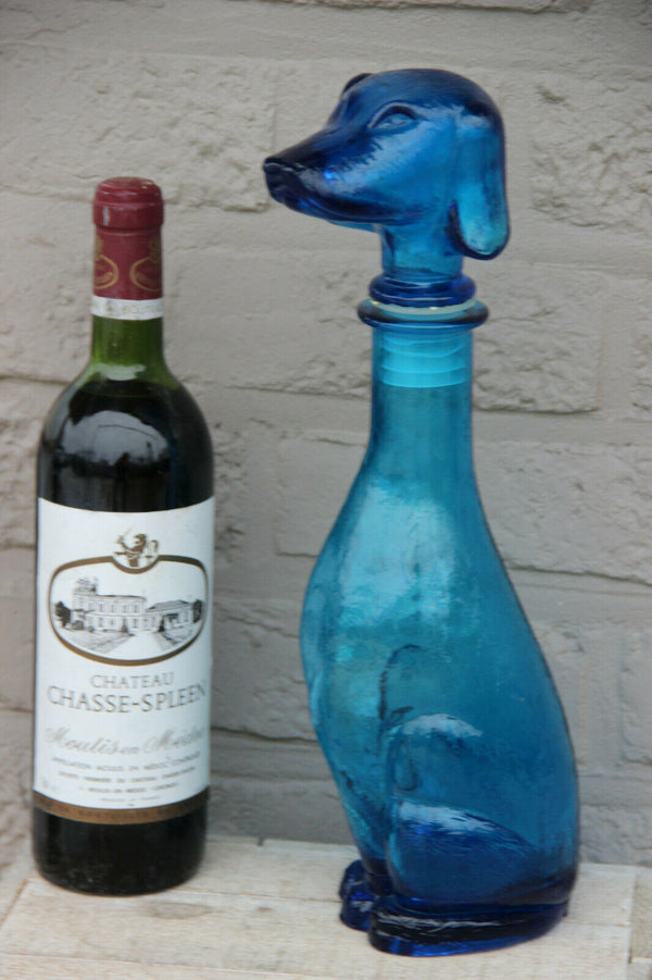 Vintage italian empoli glass decanter 1970 blue coloured dachshund dog decanter