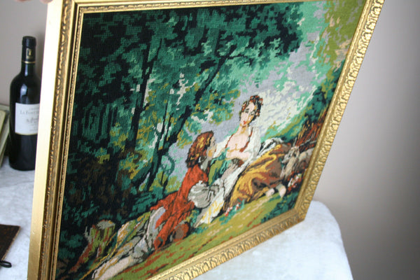 Gorgeous French 1975 Needlepoint Romantic lady dog scene framed