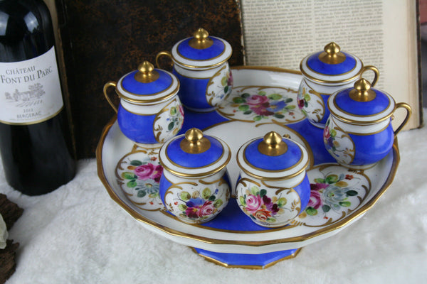 Antique French Serving tray 6 cream pots sevres floral porcelain 1900