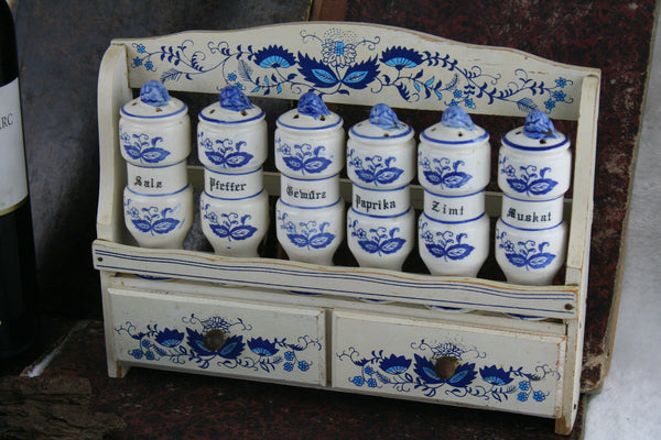 Vintage 70's Kitchen rack wood delft blue white pottery 6 shakers herbs