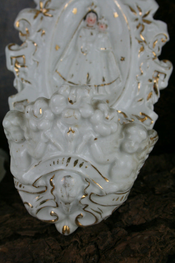 Antique french Vieux old paris Madonna holy water font Gold linings gorgeous