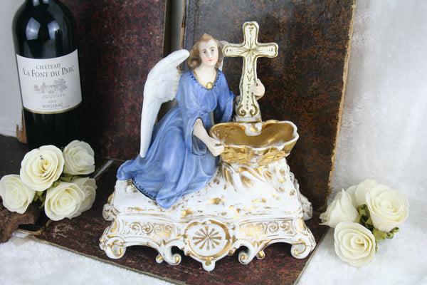 Antique French 1900 Vieux old paris porcelain angel holy water font rare unusual