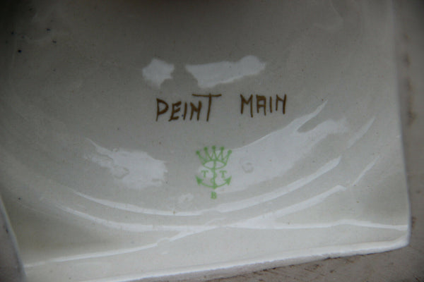 French cobalt blue limoges porcelain hand paint floral Vase swan handles