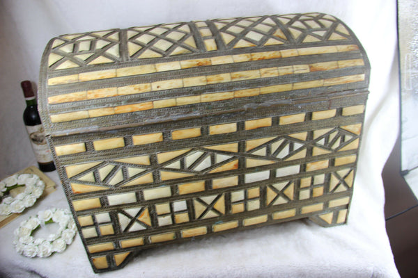 Huge XL Antique Maroccan African Treasure chest box inlaid artisan work rare