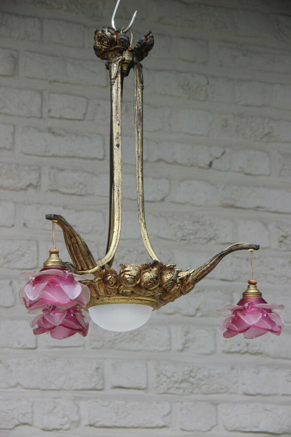 Antique art nouveau french pink tulip glass shade 3 arm chandelier pendant