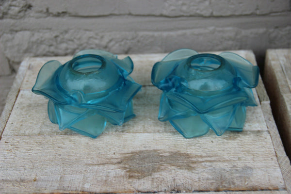 Antique Metal Silver patina Putti angel Chandelier pendant lamp blue glass shade