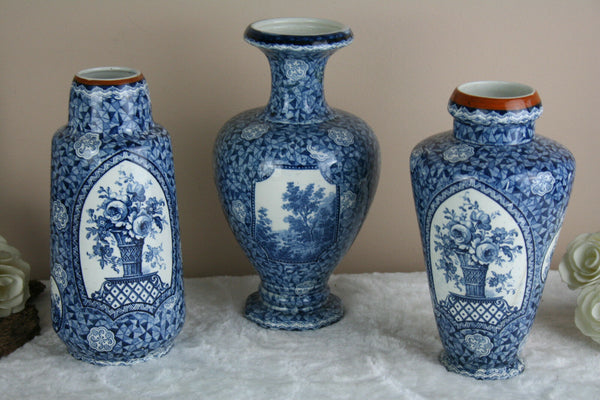 SET 3 Antique Royal bonn Blue white flamand decor nature theme Vases marked