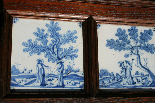 XXL unusual Antique 19thc Blue white DELFT pottery tiles Wood oak planter