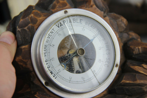 Wood Hand Carved Black Forest Bear Barometer Stand  German 1950s signed