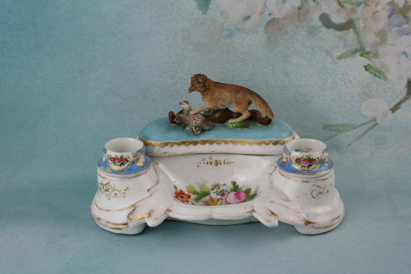 Antique French vieux Paris Porcelain Inkwell fox hunting pheasant 19th c
