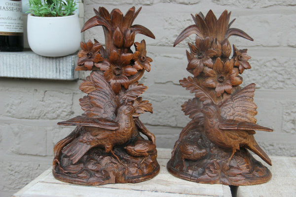 PAIR antique Black forest wood carved partridge birds statue figurines