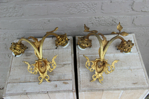 PAIR vintage French brass Caryatid Medusa portrait head wall lights sconces