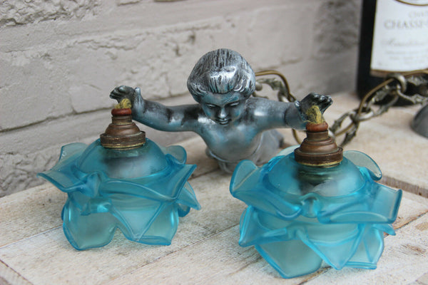 Antique Metal Silver patina Putti angel Chandelier pendant lamp blue glass shade