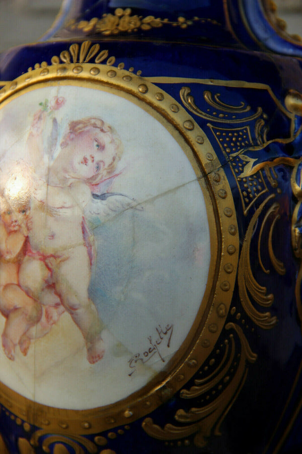 Antique PAIR french putti angels porcelain Blue Vases 19th c