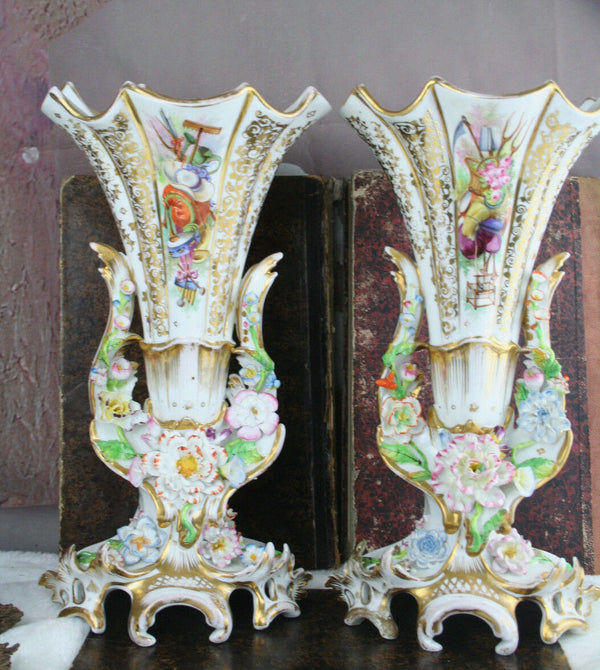 PAIR VIEUX paris porcelain 19thc French Vases Majolica flowers Attr. jacob petit