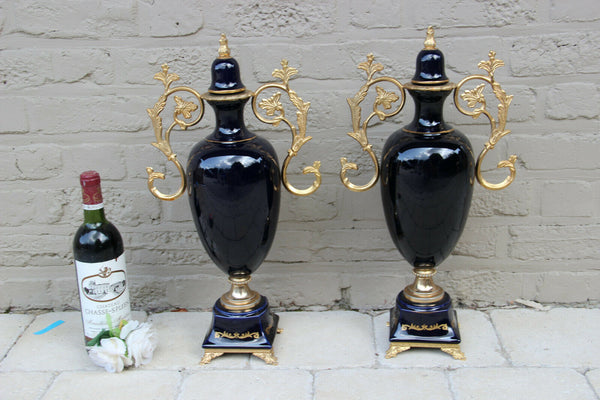 PAIR XL French cobalt blue limoges porcelain Vases victorian romantic decor