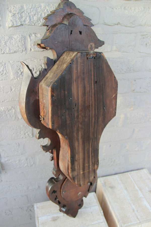 Antique XL black forest wood carved wall clock barometer